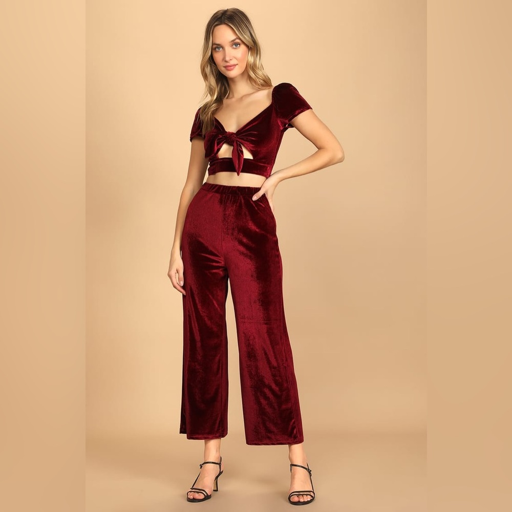 LuLu’s Burgundy Velvet Two-Piece Jumpsuit